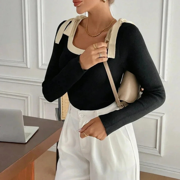 Black Casual Women's ' Contrast Color Tie Front Long Sleeve Sweater - Picture 5 of 6